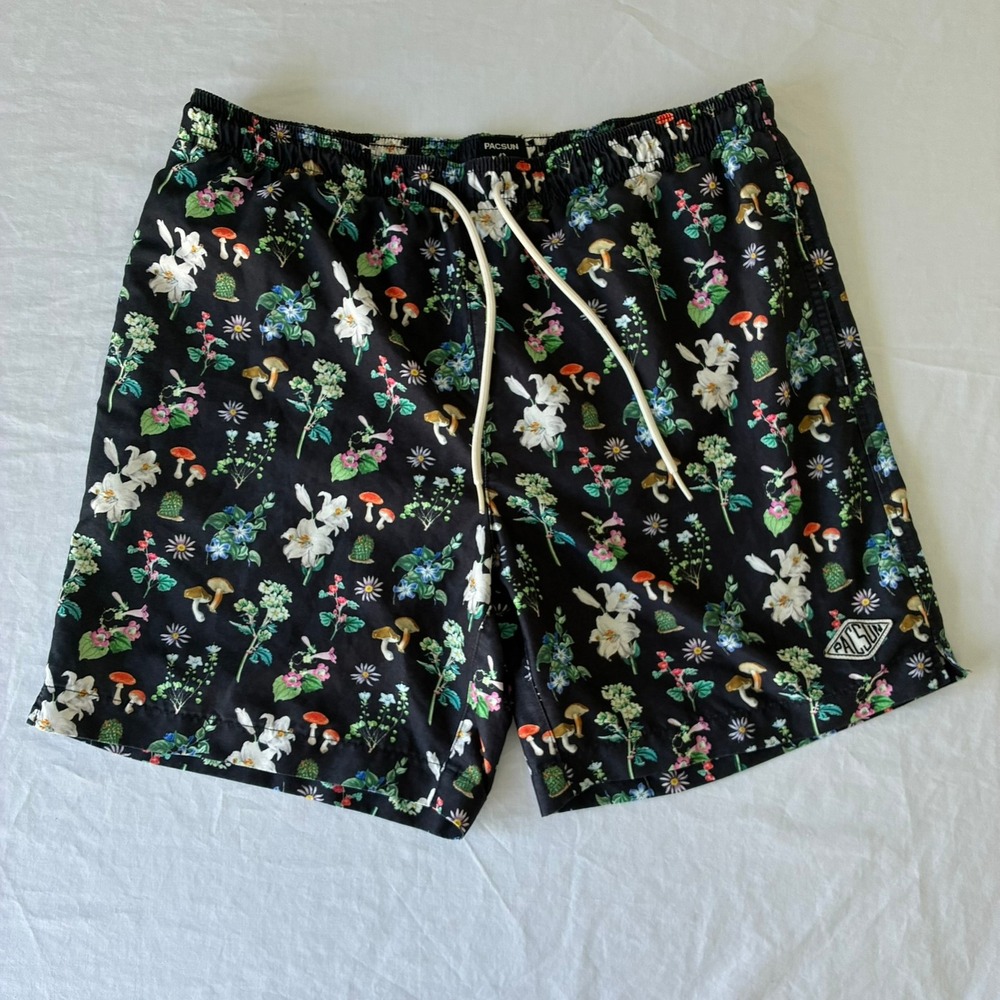 PacSun Mens Mushroom Floral Swim Trunks Black Recycled Shorts Size M